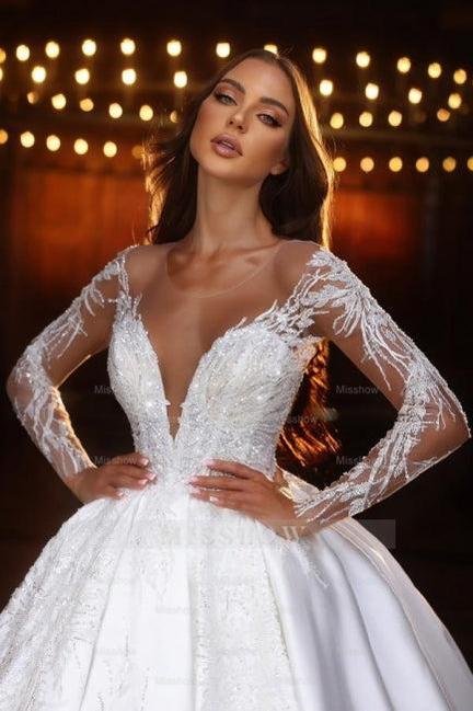 Romantic V-neck Long Sleeve Sequined Ball Gown Satin Wedding Dresses With Appliques