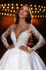 Romantic V-neck Long Sleeve Sequined Ball Gown Satin Wedding Dresses With Appliques