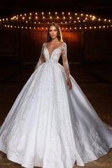 Romantic V-neck Long Sleeve Sequined Ball Gown Satin Wedding Dresses With Appliques