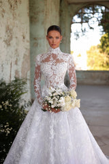 Romantic White A-Line High Neck Long Sleeves Ball Gown Lace Tulle Long Wedding Dresses