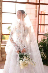 Romantic White A-Line High Neck Long Sleeves Ball Gown Lace Tulle Long Wedding Dresses