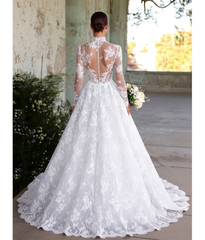 Romantic White A-Line High Neck Long Sleeves Ball Gown Lace Tulle Long Wedding Dresses