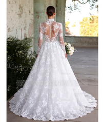 Romantic White A-Line High Neck Long Sleeves Ball Gown Lace Tulle Long Wedding Dresses
