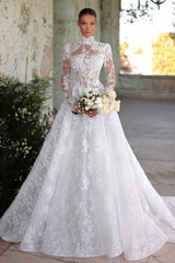 Romantic White A-Line High Neck Long Sleeves Ball Gown Lace Tulle Long Wedding Dresses