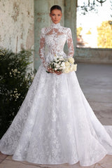 Romantic White A-Line High Neck Long Sleeves Ball Gown Lace Tulle Long Wedding Dresses