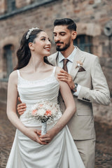 Romantic White A-Line Spaghetti Strap Square Sleeveless Ruffle Sweep Train Satin Wedding Dresses With Slit