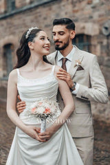 Romantic White A-Line Spaghetti Strap Square Sleeveless Ruffle Sweep Train Satin Wedding Dresses With Slit