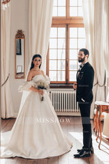 Romantic White A-Line Strapless Sleeveless Sweep Train Simple Satin Wedding Dresses