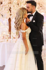 Romantic White A-Line Sweetheart Off-The-Shoulder Lace Court Train Tulle Wedding Dress With Appliques