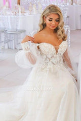 Romantic White A-Line Sweetheart Off-The-Shoulder Lace Court Train Tulle Wedding Dress With Appliques