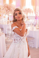 Romantic White A-Line Sweetheart Off-The-Shoulder Lace Court Train Tulle Wedding Dress With Appliques