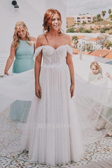 Romantic White A-Line Sweetheart Off-The-Shoulder Sleeveless Long Tulle Wedding Dresses With Appliques
