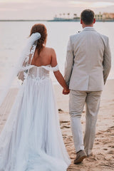 Romantic White A-Line Sweetheart Off-The-Shoulder Sleeveless Long Tulle Wedding Dresses With Appliques