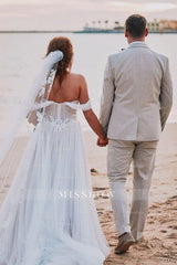 Romantic White A-Line Sweetheart Off-The-Shoulder Sleeveless Long Tulle Wedding Dresses With Appliques