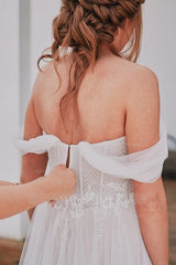 Romantic White A-Line Sweetheart Off-The-Shoulder Sleeveless Long Tulle Wedding Dresses With Appliques