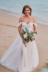 Romantic White A-Line Sweetheart Off-The-Shoulder Sleeveless Long Tulle Wedding Dresses With Appliques