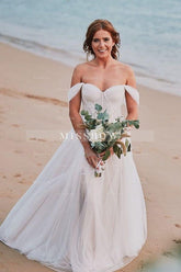 Romantic White A-Line Sweetheart Off-The-Shoulder Sleeveless Long Tulle Wedding Dresses With Appliques