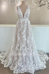 Romantic White A-Line V-Neck Sleeveless Backless Lace Cathedral Train Long Tulle Wedding Dresses