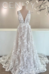 Romantic White A-Line V-Neck Sleeveless Backless Lace Cathedral Train Long Tulle Wedding Dresses