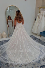 Romantic White Lace A-Line V-Neck Spaghetti Strap Sleeveless Backless Sweep Train Tulle Wedding Dresses With Appliques