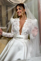 Romantic White Lace Long Sleeves V-Neck Sash Ball Gown Satin Wedding Dresses With Rhinestone