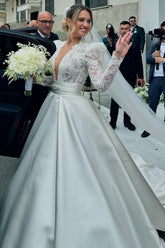 Romantic White Lace Long Sleeves V-Neck Sash Ball Gown Satin Wedding Dresses With Rhinestone