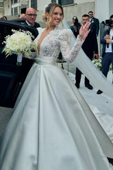 Romantic White Lace Long Sleeves V-Neck Sash Ball Gown Satin Wedding Dresses With Rhinestone