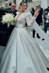 Romantic White Lace Long Sleeves V-Neck Sash Ball Gown Satin Wedding Dresses With Rhinestone
