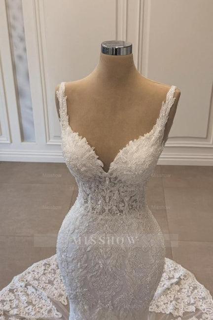 Romantic White Mermaid Spaghetti Strap V-Neck Sleeveless Beaded Lace Sweep Train Tulle Wedding Dresses