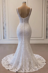 Romantic White Mermaid Spaghetti Strap V-Neck Sleeveless Beaded Lace Sweep Train Tulle Wedding Dresses