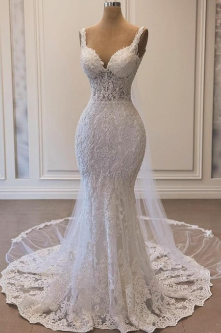 Romantic White Mermaid Spaghetti Strap V-Neck Sleeveless Beaded Lace Sweep Train Tulle Wedding Dresses