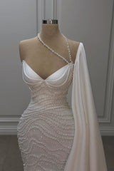 Romantic White Mermaid Sweetheart Beaded Off-The-Shoulder Cap Sleeve Long Satin Wedding Dresses With Pearls