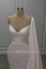 Romantic White Mermaid Sweetheart Beaded Off-The-Shoulder Cap Sleeve Long Satin Wedding Dresses With Pearls