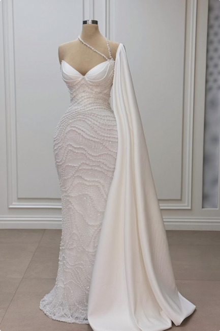 Romantic White Mermaid Sweetheart Beaded Off-The-Shoulder Cap Sleeve Long Satin Wedding Dresses With Pearls