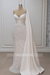 Romantic White Mermaid Sweetheart Beaded Off-The-Shoulder Cap Sleeve Long Satin Wedding Dresses With Pearls