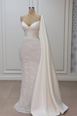Romantic White Mermaid Sweetheart Beaded Off-The-Shoulder Cap Sleeve Long Satin Wedding Dresses With Pearls