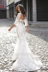 Romantic White Mermaid Sweetheart High Neck Long Sleeves Sweep Train Tulle Wedding Dresses With Appliques