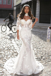 Romantic White Mermaid Sweetheart High Neck Long Sleeves Sweep Train Tulle Wedding Dresses With Appliques