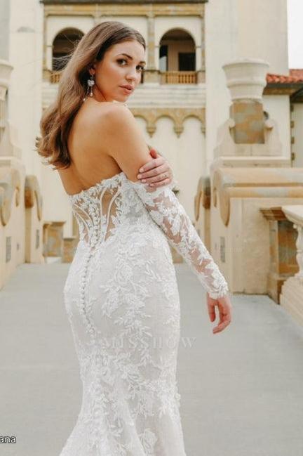 Romantic White Mermaid Sweetheart Off-The-Shoulder Long Sleeve Lace Court Train Tulle Wedding Dress With Appliques