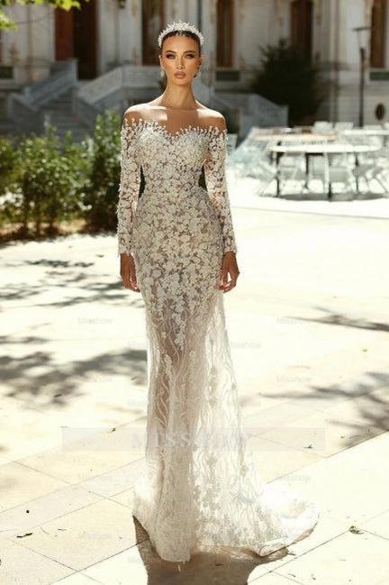 Romantic White Mermaid Sweetheart Off-The-Shoulder Long Sleeves Detachable Panel Train Lace Wedding Dresses