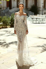 Romantic White Mermaid Sweetheart Off-The-Shoulder Long Sleeves Detachable Panel Train Lace Wedding Dresses