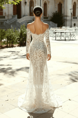 Romantic White Mermaid Sweetheart Off-The-Shoulder Long Sleeves Detachable Panel Train Lace Wedding Dresses