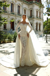 Romantic White Mermaid Sweetheart Off-The-Shoulder Long Sleeves Detachable Panel Train Lace Wedding Dresses