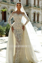 Romantic White Mermaid Sweetheart Off-The-Shoulder Long Sleeves Detachable Panel Train Lace Wedding Dresses
