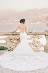 Romantic White Mermaid Sweetheart Spaghetti Strap Sleeveless Sweep Train Tulle Wedding Dresses With Appliques