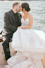 Romantic White Mermaid Sweetheart Spaghetti Strap Sleeveless Sweep Train Tulle Wedding Dresses With Appliques