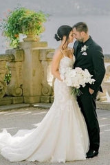 Romantic White Mermaid Sweetheart Spaghetti Strap Sleeveless Sweep Train Tulle Wedding Dresses With Appliques