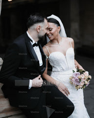 Romantic White Mermaid Sweetheart Spaghetti Straps Sleeveless Beaded Sweep Train Tulle Wedding Dress