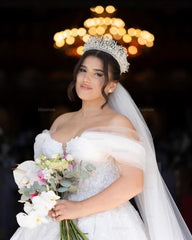 Romantic White Strapless Ball Gown Off-The-Shoulder Sequined Lace Sleeveless Long Tulle Wedding Dresses