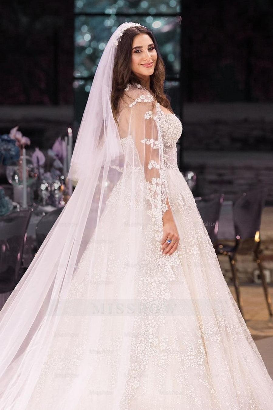 Romantic White Strapless Sleeveless Beaded Ball Gown Tulle Long Wedding Dresses With Appliques